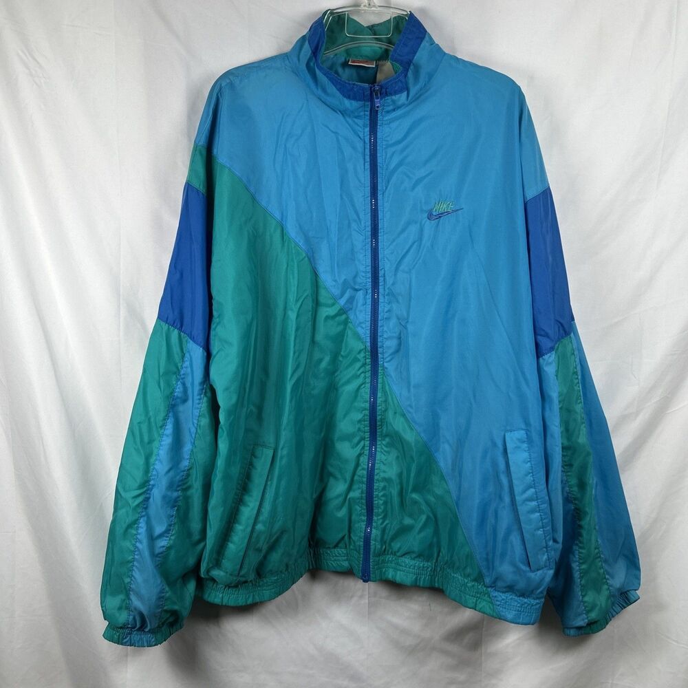 Vtg 90’s Nike Full Zip Windbreaker Jacket Size XL Green Blue Colorblock Teal